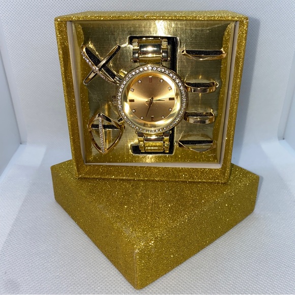 GOLD WATCH RING SET GIFT BOX MIDI RINGS BEAUTIFUL Women's Present Mother WIFE - Picture 1 of 9